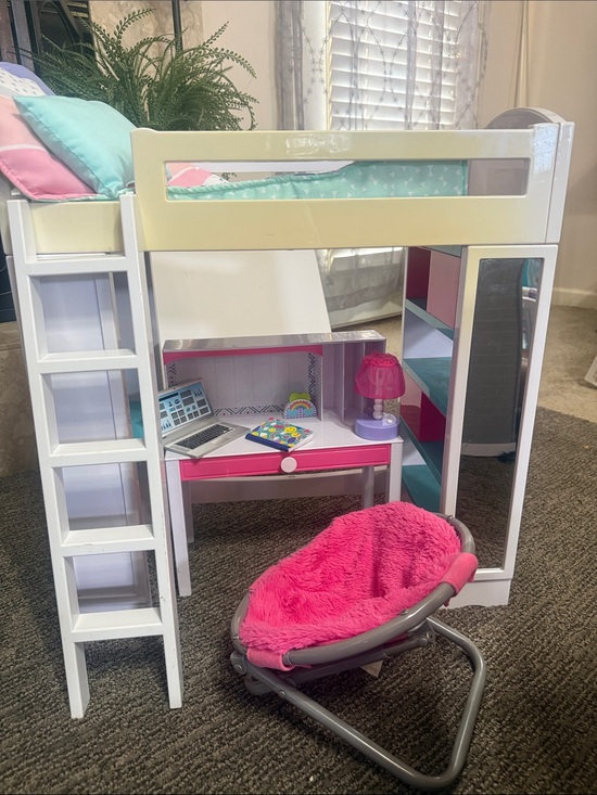 Other - My Life As White Pink & Blue Loft Bed with Pink Fuzzy Papasan Chair Desk